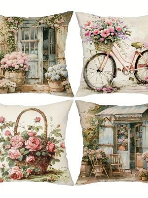 4pcs, Vintage Floral Boho Throw Pillow Covers, Rustic Style Retro Flowers Home Decor Cushion Covers, Patio Cushion Covers 18in*18in, Cozy Farmhouse Decor Pillowcases, for Porch Patio Couch Sofa Living Room Outdoor, Set Of 4, Without Pillow Inserts