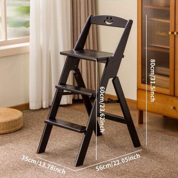 1pc Black All-Bamboo Bar Stool, Bar Counter Dining High Stool with Backrest, Folding Chair, No Assembly Required, Patio Outdoor Garden Step Stool, Household Three-Step Step Stool, Climbing Ladder, Suitable for Garden/Office/Library/Kitchen/Cafe