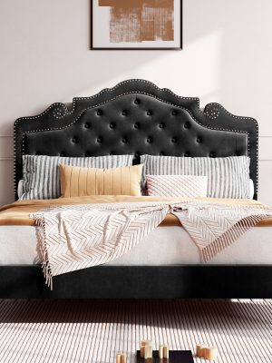 HOOMIC Full/Queen/King Size Bed Frame with Adjustable Velvet Tiara Headboard, Upholstered Diamond Button Tufted Platform Bed, Wooden Slats Support, No Box Spring Needed, Easy Assembly, Black