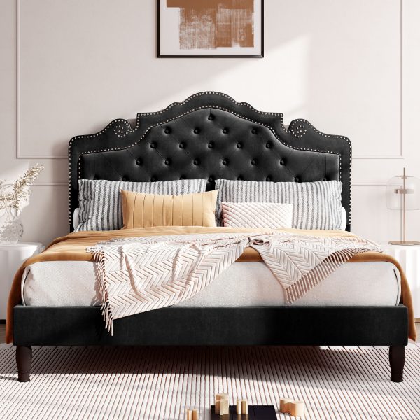 product-fancy-c0e37c82-a80b-4c0e-809c-3d7a75e0487f HOOMIC Full/Queen/King Size Bed Frame with Adjustable Velvet Tiara Headboard, Upholstered Diamond Button Tufted Platform Bed, Wooden Slats Support, No Box Spring Needed, Easy Assembly, Black