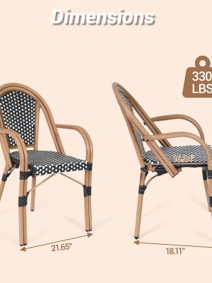 French Bistro Chairs Set Of 2, Hand-Woven PE Rattan Outdoor Arm Dining Chairs with Metal Frame for Garden Balcony