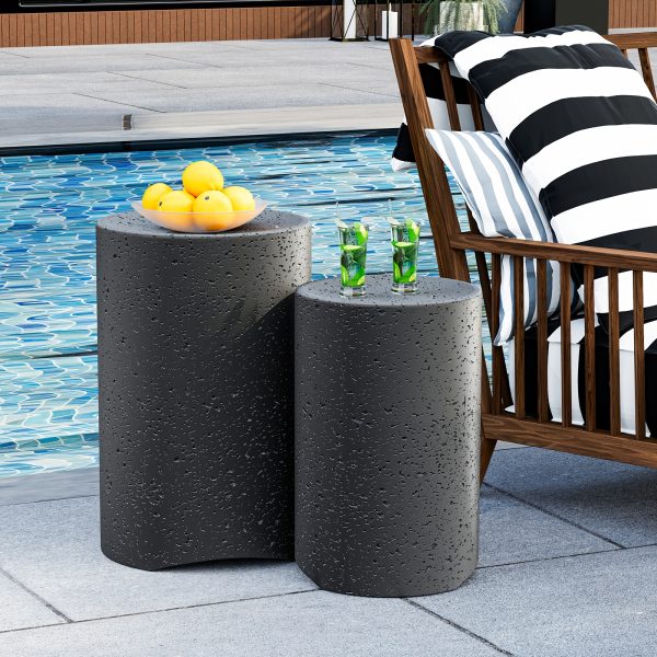 Modern Sculptural Mgo Outdoor Side Table, Grey Faux Wood And Stone Cylinder Nesting Table Set, Weather-Proof Concrete Garden Stool for Patio Living Room