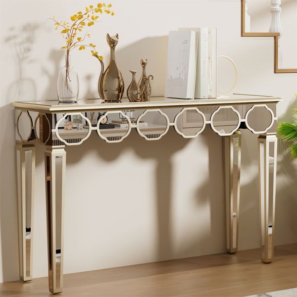 AESOME Luxury Elegant Mirrored Console Table 47.24 Rectangular Silver Mirrored Entryway Table Lantern-Shape Pattern Decor with Golden Rim Legs Sofa Side Tables Long Hallway Table for Foyer, Entrance, Offices Decor