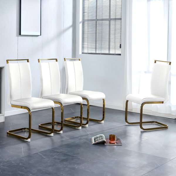 Modern Dining Chairs Set of 4, High Back White Kitchen Chairs, Faux Leather Side Chair with Gold Plated Metal Legs, Easy to Install Upholstered Dining Chairs, Ideal for Living Room, Easy to Install (Golden/Silver Leg) Local Warehouse