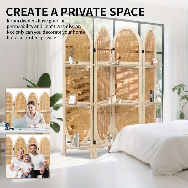 product-fancy-c21360d7-b87f-4c4c-a280-00c60a0ecb90 Four-Panel Wooden Room Divider, Collapsible with a Hand-Woven Rattan Privacy Screen - Room Partitions Featuring Three Display Shelves, Ideal for Home, Office, Study, Or Art Exhibitions