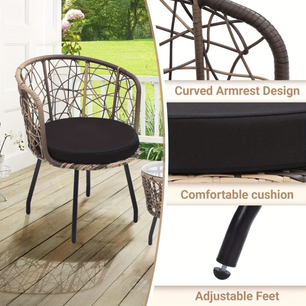 3pcs Bistro Set, Modern Furniture with Tempered Glass Table Top, 2 Chairs, Outdoor Wicker Patio Set, Washable Cushions,