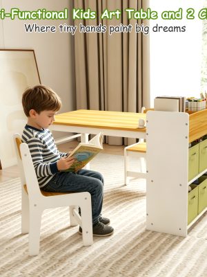 Children's Folding Art Desk & Chair Set with Storage Box & Tissue Holder - Wooden Table and Chair Suitable for, Assembly Compact Folding for Room, Playroom, Learning Table