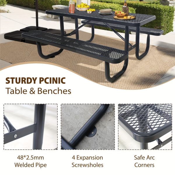 4/6FT Heavy-Duty Metal Picnic Tables For Outdoor, Rectangular Commercial 4-6-Person Picnic Tables With Bench, Expanded Picnic Table And Bench Set, Outside Furniture Set For Yard, Outside, Garden, Backyard, Porch, Patio, Lawn, Black, Weather Resistant