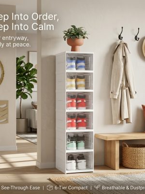 6-Layer Foldable Shoe Cabinet with Transparent Doors & Dustproof Lid - Large Capacity Space-Saving Plastic Storage Box Suitable for Entryway, Hallway, Shoe Rack, No Assembly Required, -Standing Design for Use