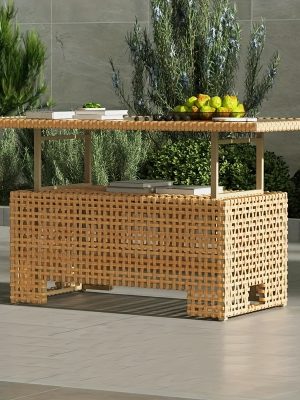 [Outdoor Wicker Table] Extendable Outdoor Wicker Coffee Table Measuring 51.25 Inches in Length And 27 Inches in Width, Featuring a Luxurious Brown Woodgrain End That Offers a Natural Feel And Outstanding Durability