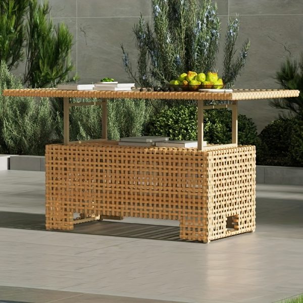 [Outdoor Wicker Table] Extendable Outdoor Wicker Coffee Table Measuring 51.25 Inches in Length And 27 Inches in Width, Featuring a Luxurious Brown Woodgrain End That Offers a Natural Feel And Outstanding Durability