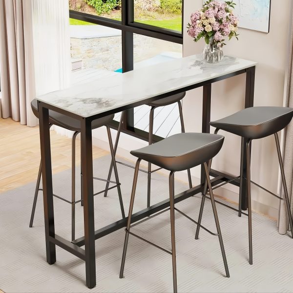 AESOME Counter Height Table Rectangle Sintered Stone Tabletop 47.2in Narrow Long Kitchen Dining Table 41.4in High Top Table Living Room Furniture, Sturdy Metal Frame
