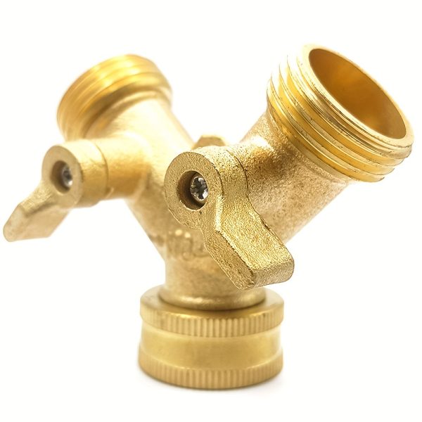 A Solid Brass Heavy-Duty Dual-Direction Y-Shaped Water Faucet Diverter, Weighing 166G, Made of Brass, Featuring a Garden Hose Splitter with Two Outlets And a GHT 3/4 Connector Valve, Includes Two 3/4" Waterproof Washers