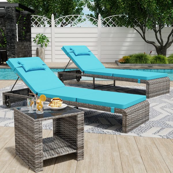 product-fancy-c427a0ea-2f30-4d9d-b117-415e36620bfb Lounge Chair Set, 3pcs Outdoor Modern Patio Furniture Lounge Chairs Set of 2 with Adjustable Backrest And Side Table, Durable PE Wicker, Weather Resistant Cushions, Blue