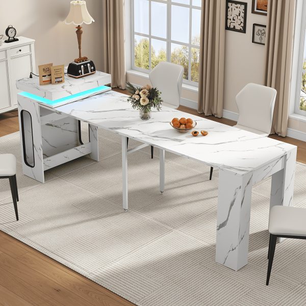 product-fancy-c487a3b7-404f-4780-a7f0-ce14d3a6b388 Extendable Dining Room Table with Charging Station & LED Lights, White Faux Marble Table, 19.7" to 98.4" Dining Table for 2-8, Modern Space Saving Kitchen Island Table, Rectangle Console Table for Living Room(No Chairs)