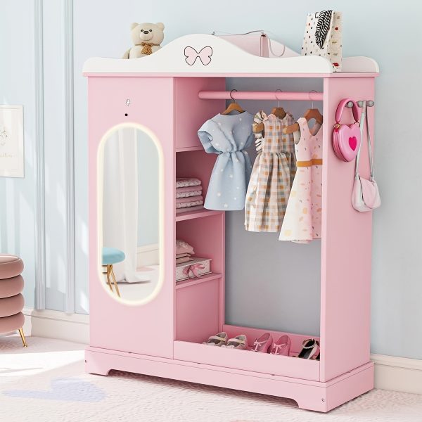 product-fancy-c48c5d41-55ec-401a-92a9-d899435a4a15 Kids Armoire with Jewelry Cabinet, Kids Dress Up Storage wth Shelves, Girls Wardrode Costume Organizer with Mirror, Children Closet with Armoire for Bedroom, Kids Room, Girls, Kids Room Furniture, Bedroom Storage, Stylish Kids Wardrobe, Playful Design, Hardwood Construction, Quality Wood Finish, Shelved Wardrobe, Parents Organizing, Childrens Clothing
