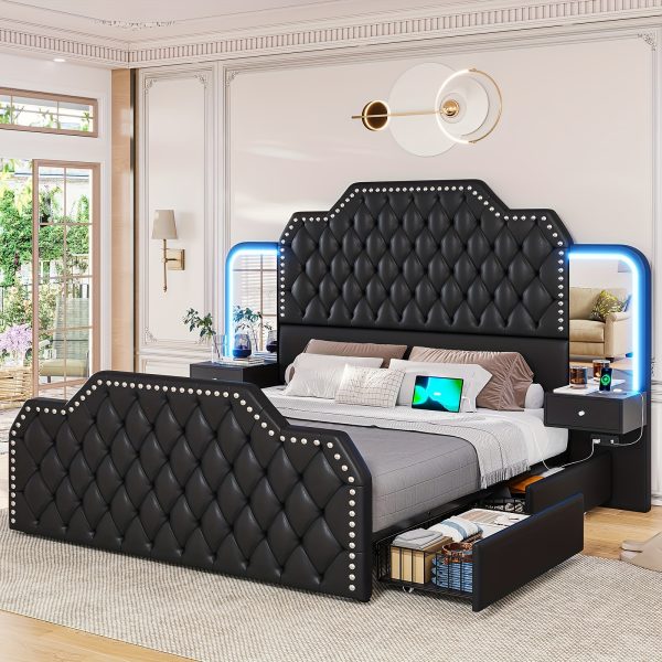 product-fancy-c4c30678-ae1c-4d8e-8558-8254ac33102e Queen Size Bed Frame with 2 Nightstands with Mirror, Modern Platform Bed Frame with 53" Tall Headboard and 4 Storage Drawers