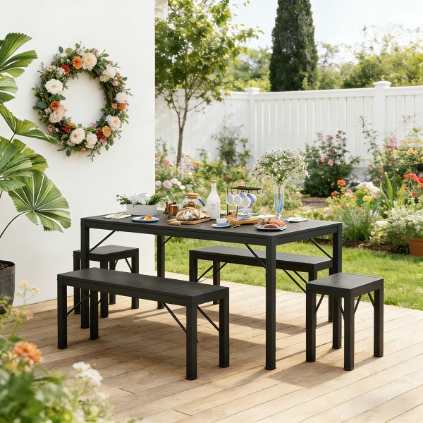 product-fancy-c4e29ca7-1391-4269-8373-db99653f22e3 Non-Folding 5pcs Indoor & Outdoor Dining Table Set, 6 Seater Patio Kitchen Table with 2 Benches & 2 Stools, Industrial Space-Saving Set for Picnic, Camping, Backyard