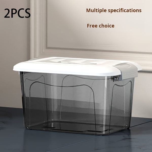 product-fancy-c5714dbf-0517-4bfe-8fa0-497b5fea9129 2pcs Set of Large Capacity Stackable Plastic Storage Bins with Lids, Featuring Double Locking Latches, Wheels, and a Grey Striped Design. These Multi-functional Storage Boxes Are Perfect for Organizing Clothes,, and Closets.