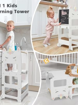 Wooden Foldable Learning Tower with Blackboard - 3-In-1 Step Stool And Assisted Standing Tower, Foldable Kids Table And Chair Set, for Toddlers 18+ Months