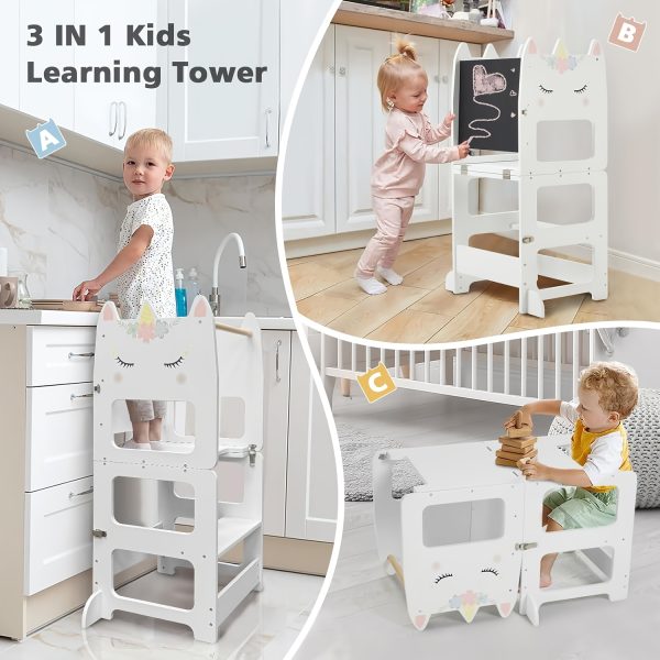 product-fancy-c58965f7-5c4f-4534-889e-94f2959a5277 Wooden Foldable Learning Tower with Blackboard - 3-In-1 Step Stool And Assisted Standing Tower, Foldable Kids Table And Chair Set, for Toddlers 18+ Months