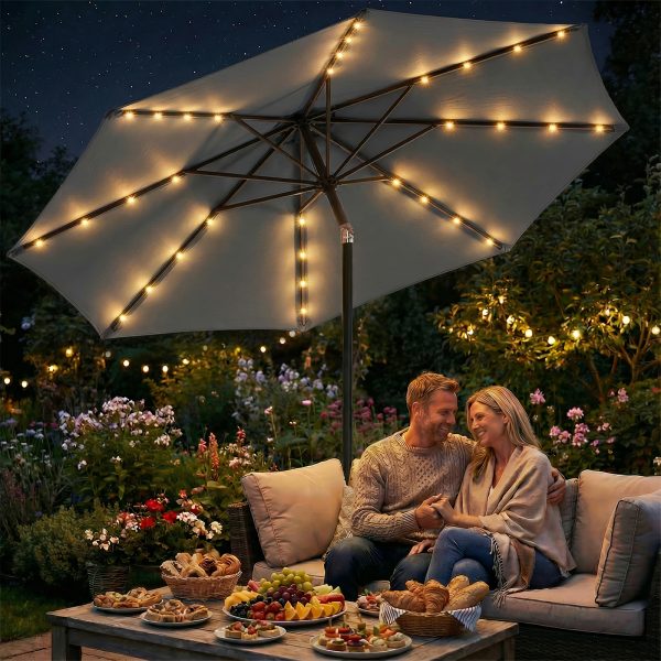 [Christmas & Halloween] Deluxe 32 LED Lighted Patio Umbrella - Navy Blue/Beige/Red/Brown, Solar 10Ft Market Umbrella with Base, Outdoor Table Umbrella with Ventilation, Solar Umbrella with Push Button Tilt/Crank for Garden, Deck, Backyard, Pool, Christmas & Halloween