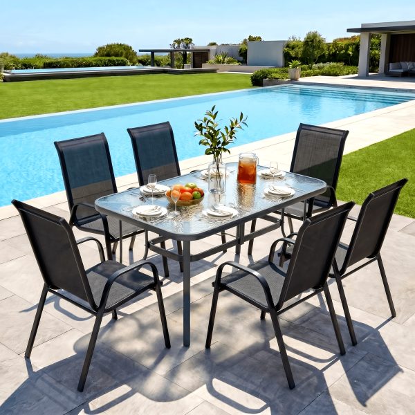 product-fancy-c5e04a4b-4177-4273-b65e-c450ba4e369c-1 7pcs Outdoor Dining Table and Chairs for 6 People - Textilene Stackable Patio Furniture with Glass Table & Umbrella Hole Base Suitable for Deck, Poolside,, Backyard - Umbrella Not Included
