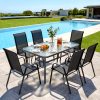 product-fancy-c5e04a4b-4177-4273-b65e-c450ba4e369c 7pcs Outdoor Dining Table and Chairs for 6 People - Textilene Stackable Patio Furniture with Glass Table & Umbrella Hole Base Suitable for Deck, Poolside,, Backyard - Umbrella Not Included