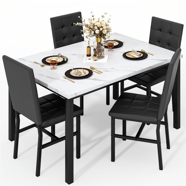 product-fancy-c62a3895-c98f-4d68-a56d-fadf313eda67 LAMERGE 5pcs Of Dining Table Set, Dining Room Table Set Can Be Used By 4 People, Kitchen Table Set, 1 Artificial Anti-marble Pattern Table And 4 Metal Legs Chairs, Suitable for Living Room, Dining Room, Kitchen Furniture