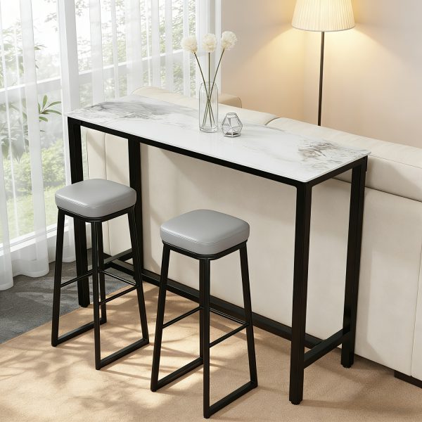 AESOME Counter Height Table Rectangle Sintered Stone Tabletop 47.2in Narrow Long Kitchen Dining Table 41.4in High Top Table Living Room Furniture, Sturdy Metal Frame