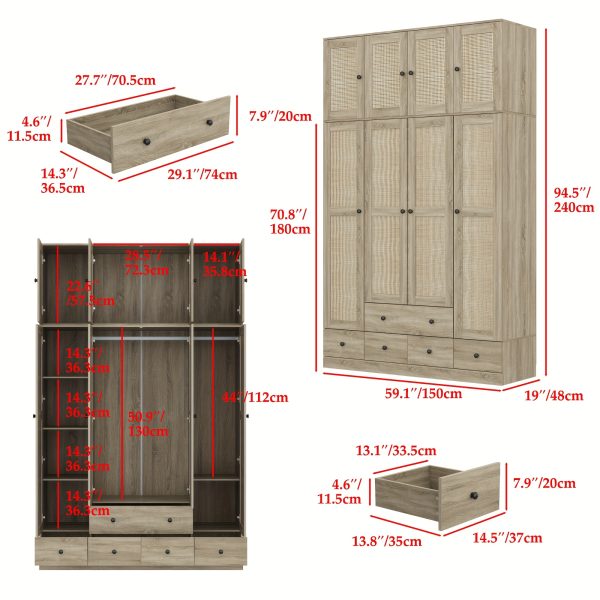 product-fancy-c661ff0d-c78a-43c7-9c42-66ecad8c6153 4-Door Wooden Armoire Wardrobe Closet with 5 Drawers, Checkered Storage Area & Hanging Rods, Clothes Organizer for Bedroom, Modern Design