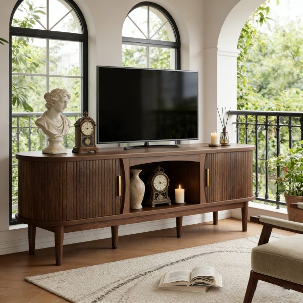 product-fancy-c69c02fd-0ab8-484b-98c5-da665c765afb 68 Inch Mid-Century TV Stand for TVs Up to 70 Inch, Entertainment Center with Storage, Power Outlet, Recessed Sliding Doors & Adjustable Shelves, Modern Media Console for Living Room, Housewarming Gift