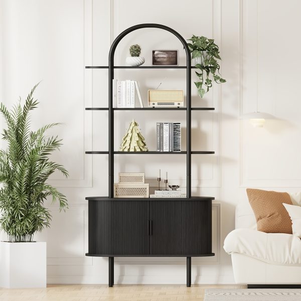 product-fancy-c6aeb9d4-94f2-40e6-b24a-bd5237b68b2e 71" Tall Fluted Bookshelf | 4-Tier Mid Century Modern Metal Curved Bookcase With Storage Cabinet, Sliding Door, Adjustable Footpad, Freestanding Arched Organizer For Living Room, Bedroom, Home Office | Wood Color, Matte End, Hardwood, Lshuizhu Brand