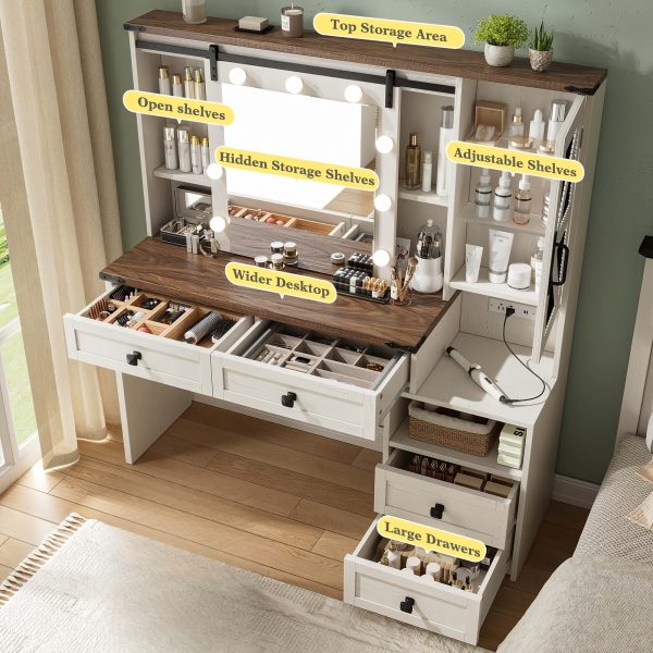 product-fancy-c79b25f6-009c-4fd4-bf12-61cacdebfdba 47.2"W Farmhouse Vanity Makeup Vanity Desk with Mirror And Lights, Vanity Table with 4 Drawers & Shelves Big Makeup Desk with Charging Station for Bedroom, Dark Rustic Oak (Stool Not Included)