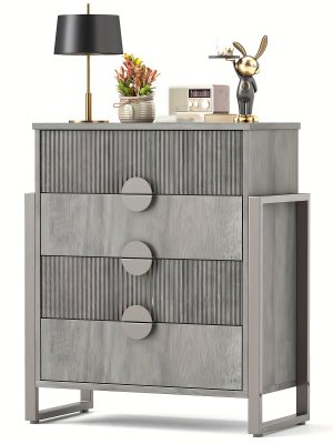Mozeat Lens Modern Fluted 4 Drawer Dresser, Dressers For Bedroom, Textured Wood Sticks Borders H Metal Legs For Bedroom, Living Room, Hallway