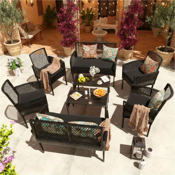 product-fancy-c85c4727-17ee-4b44-bb0e-c8950c8cc8e9 8pcs Patio Furniture Set, Outdoor Rattan Chairs Rattan Conversation Sets With Cushions And Coffee Table For Porch Garden Poolside Backyard, Black - Patio Furniture Outdoor
