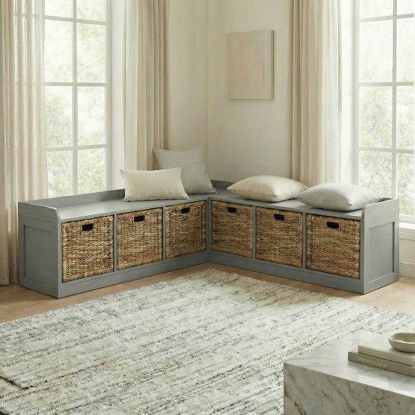 Modern L-Shaped Shoe Cabinet with 6 Rattan Drawers, Multi-Functional Wood Shoe Storage Cabinet with Storage Compartments, for Entryway And Living Room, Modern Design, Gray