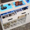 product-fancy-c8827387-6594-4647-b39f-36c67953d5fe Wardrobe Armoire Closet with Charging & LED Light, Walk-in Closet Island Dresser with Glass Showcase, 4 Drawers & Doors, Modern Cabinet Organizer with Bench, Wardrobe Clothes Organizer with Closet Shelves (White)