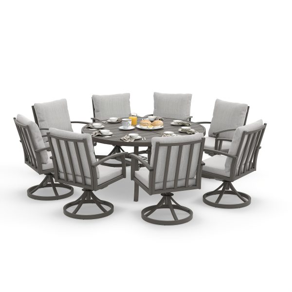 9pcs Aluminum Outdoor Dining Table And Chair Set, Suitable for 8 People, The Set Includes 1 Round Table, 8 Chairs, with Cushions And Back Cushions, Suitable for Outdoor Garden Terrace Furniture Set