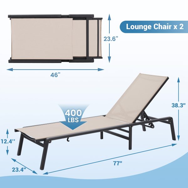 Value 2-Pack Chaise Lounge Set, Lightweight Aluminum Frame, Foldable Portable Pool and Beach Chair Furniture, Adjustable Backrest, Ideal for Patio Deck Yard