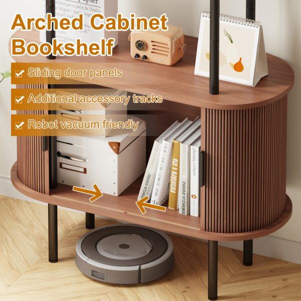 product-fancy-c95b54fc-6c91-45e5-ab21-7ab5bd1271a5 71" Tall Fluted Bookshelf | 4-Tier Mid Century Modern Metal Curved Bookcase With Storage Cabinet, Sliding Door, Adjustable Footpad, Freestanding Arched Organizer For Living Room, Bedroom, Home Office | Wood Color, Matte End, Hardwood, Lshuizhu Brand
