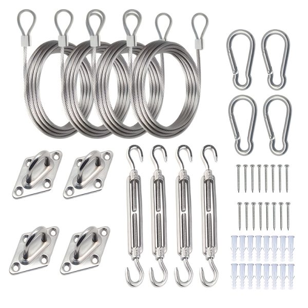 Stainless Steel 48pcs Sunshade Sail Hardware Kit - Triangular And Square Awning Fixing Accessory Set - for Outdoor Use, Includes Screw Buckles, Spring Hooks, Eye Pads, PVC Coated Steel Wire Rope, And Screws
