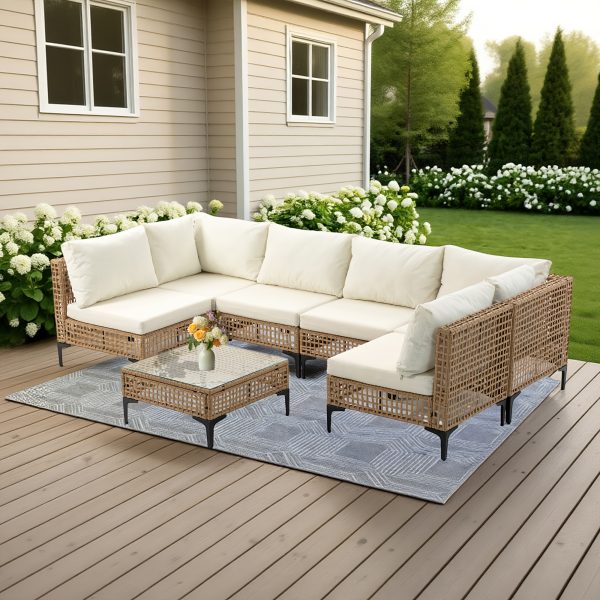WENTUM 7pcs Outdoor Sectional Sofa Set, Boho Wicker Rattan Patio Furniture with Cushions And Table for Patio, Lawn, Backyard, Porch