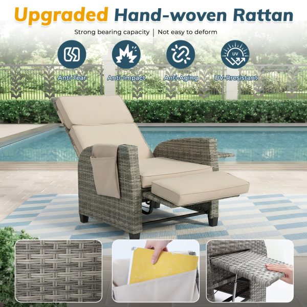 product-fancy-ca85d90e-e68d-4967-a924-36a93294f619 Outdoor Patio Recliner Chair, Independent Adjustable Backrest Up To Lay Flat & Extended Footrest, Flip-Up Side Table, Removable Cushion, All-Weather Wicker, Aluminum Metal Frame For Porch Balcony Garden Poolside