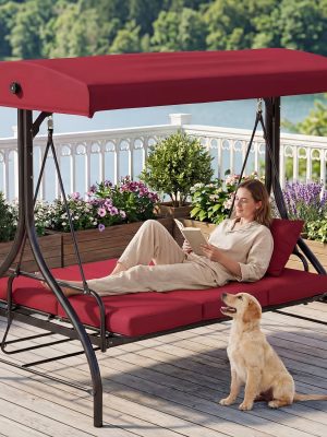 3-Seat Outdoor Porch Swing with Stand, Convertible Porch Swing Bed with Adjustable Canopy for Adults, Patio Swing Chair with Thickened Cushions for Yard Garden Deck 750LBS