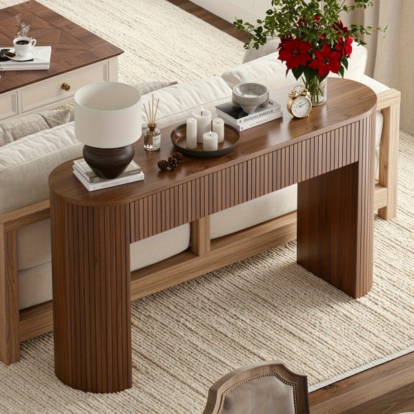 product-fancy-ca9b4b41-1bff-450c-a930-62be78e978eb 63"/55 Inch Console Table with 2 Drawers, Fluted Entryway Tables with Storage, Sofa Table Behind The Couch, Hallway Tables, Mid-Century Modern Foyer Table for Entryway, Hallway, Living Room, Walnut/Black/Natural White
