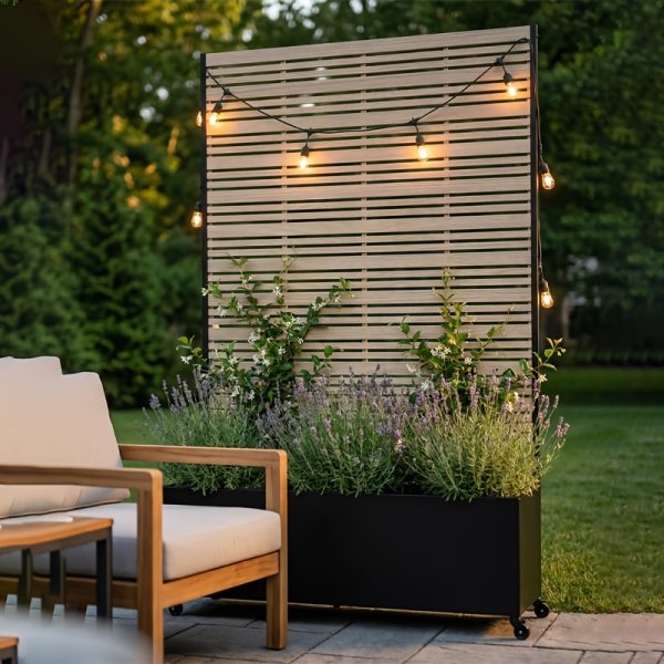 product-fancy-ca9fcfd9-0d6d-4a9f-bf28-f2e47e2f96d7 Privacy Fence with Planting Boxes Encrypted Metal Mesh Privacy Screen Black/Wood Grain Weather-Resistant Outdoor Fence Panels Ideal for Backyard Patios, Gardens, And Balconies Safety Barrier Protective Cover Create Outdoor Living Spaces And Decor