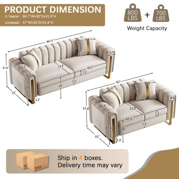 product-fancy-cabe7be4-3699-4d2d-989d-aece28842082 Set of 2 67" 2-Seater/ 84.7" 3-Seater Chesterfield Sofas Luxury Velvet Couches Modern White And Golden Sofas for Living Room, Mid-Century Victorian Loveseats with Removable Cushions And 2 Toss Pillows And Golden Metal Legs