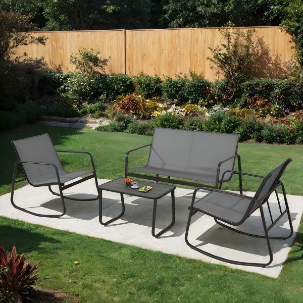 [Outdoor Textilene Set] 4pcs Patio Furniture Set, Outdoor Textilene Conversation Set with Rocking Chairs And Loveseat, with Coffee Table for Garden, Balcony, Poolside, Backyard Lightweight, Water-Resistant And Uv-Resistant - Patio Furniture Outdoor