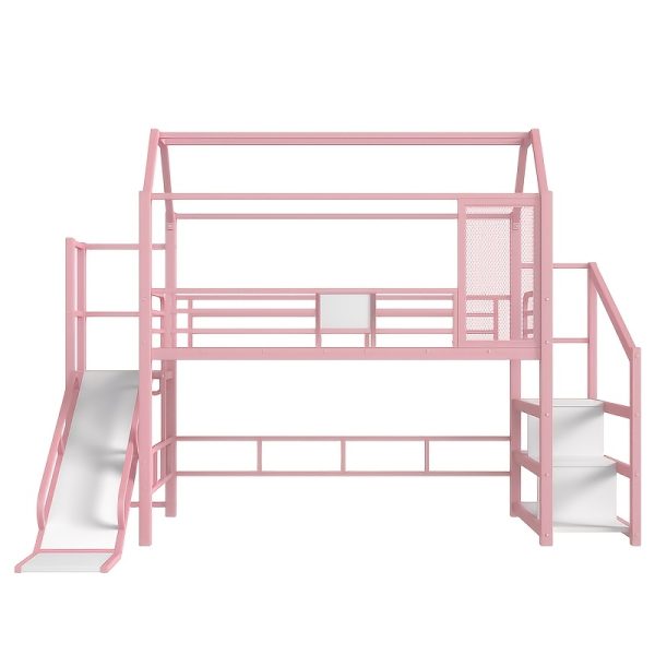 product-fancy-cafd475c-cef7-4494-a9e8-b9190d3de9af BELLEMAVE 2-1 Twin Loft Bed with Slide And Stairs, Metal Playhouse Bed with Storage Shelves, House-shaped Loft Bed And Noise-free Design, Pink